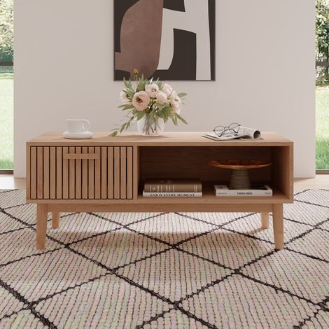 Tanant – Table basse 100cm avec tiroirs et étagères ouvertes – Décor rayé – Pieds en bois massif – Rangement optimisé pour salon (1/5)