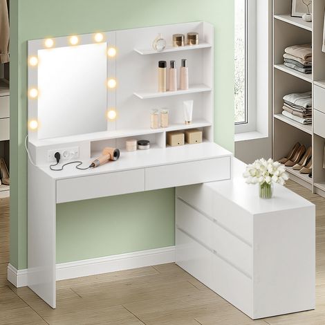 Table de Maquillage Modulable, en Ligne ou en L, Miroir LED 9 Ampoules, avec Multiprise, 8 Tiroirs, Blanc