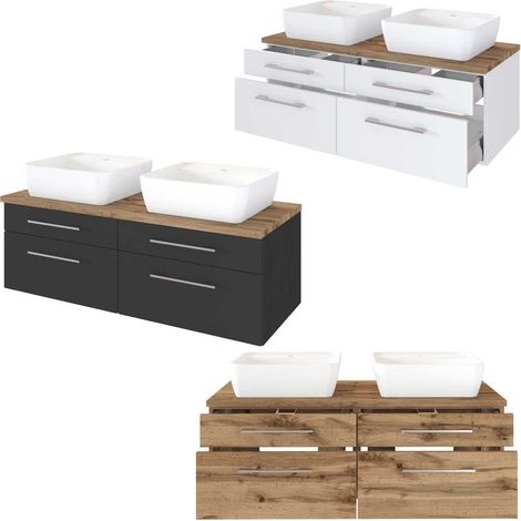 Doppel Waschtischunterschrank 120 cm inkl. Keramik Aufsatzwaschbecken TAREE-03 in wotaneiche Nb. (1/5)