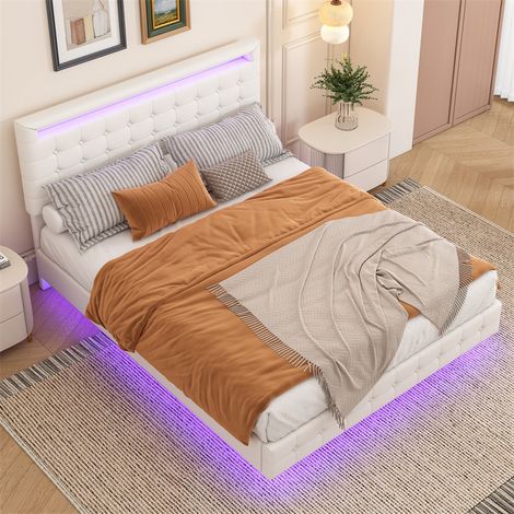 Lit double 140x200cm, lit adulte LED avec sommer à lattes et tête de lit réglable de la hauteur, matériau PU+MDF, blanc (1/5)