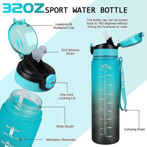 Bouteille d'eau de 1 L sans BPA avec paille, passe au lave-vaisselle, couvercle anti-fuite, bouteille d'eau motivante avec marquages de temps, non toxique (1/5)