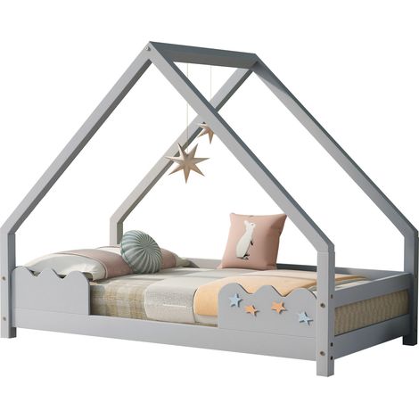 Kinder Hausbett 80 x 160 cm mit Rausfallschutz, Lattenrost, Grau, Kiefernholz (1/2)