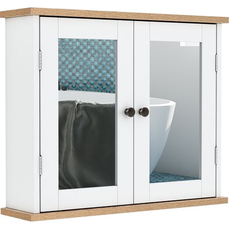 kleankin Bathroom Mirror Cabinet Wall Mounted Storage Cupboard W/ Double Door (1/5)