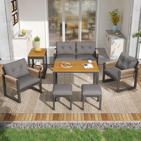 Ensemble canapés d'extérieur modernes, structure en fer, accoudoirs tressés, coussins inclus, table multifonctionnelle 150x79,5x75 cm - Gris, Naturel (1/5)