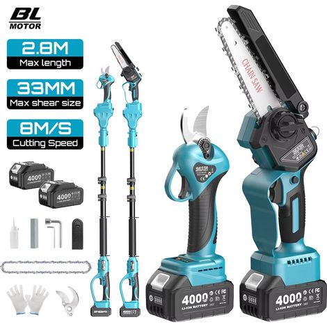 Tronçonneuse électrique sans fil 3-en-1 brushless – perche télescopique élagueuse coupe-branches – 2 batteries 4.0Ah – compatible batterie 18V