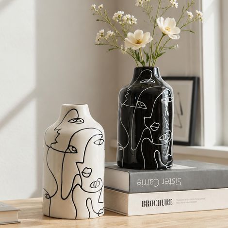 Lot de 2 vases en céramique Noir et Blanc, Motif irrégulier Abstrait, Blanc, décoration d'intérieur, Salon, Vase décoratif Minimaliste pour Herbe de la Pampa (1/5)