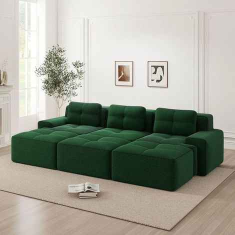 Canapé d'angle modulable - SOGEU - Canapé modulable - Velours côtelé vert - 3 places + 3 poufs - Fonction couchage réversible (1/5)