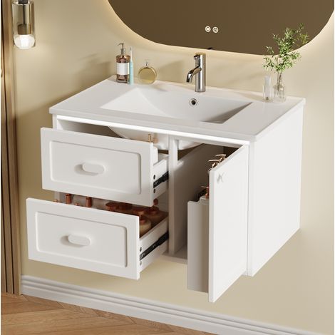 Meuble vasque suspendu moderne blanc 76x46x51 cm avec vasque intégrée, LED à capteur radar, 2 tiroirs et 1 porte (1/5)