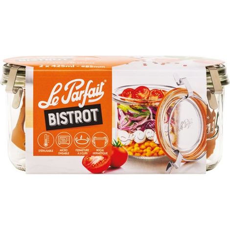 Le Parfait Bistrot 425 ml lot de 2 bocaux en verre micro-ondables hermétiques clips inox (1/4)