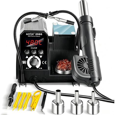 Kit station de reprise d'air chaud 500 W avec 2 mains secouristes, 3 buses, support de pistolet, support de bobine de soudure, plateau de composants métalliques, pince à épiler, outil de (1/5)