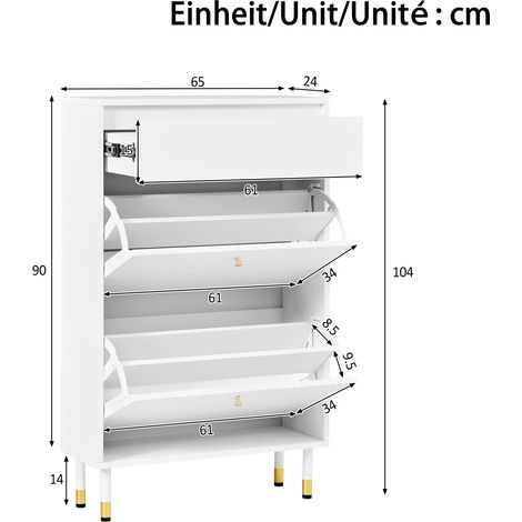 Meuble à chaussures étroit avec compartiments rabattables, armoire d'entrée à tiroir, façade ondulée, rangement chaussures au sol, placard MDF avec pieds métalliques cylindriques (1/5)