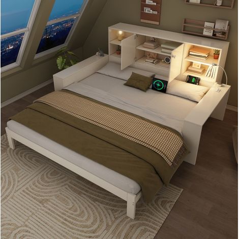 Cama nido moderna 90x200/180x200 cm blanca en MDF con cabecero almacenaje, USB/USB-C, luz de lectura y somier
