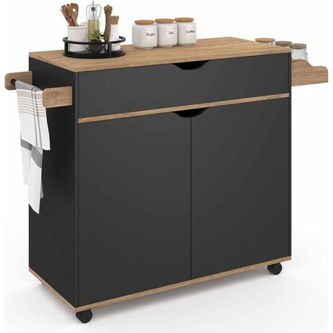 Idmarket – Desserte de cuisine XXL noire et bois – Placard avec tiroir – Dimensions L.90 x P.40 x H.85 cm – 4 roulettes directionnelles