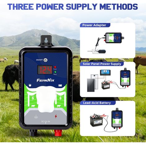 Électrificateur de clôture électrique 12V / 230V pour animaux et jardin - 4 Joules - Portée 15 km - Clôture électrique pour bétail, chevaux, chiens et protection des cultures avec écran LED