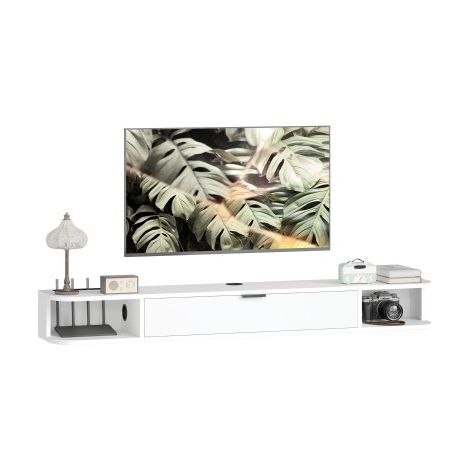 Meuble TV Suspendu, Meuble Télé pour Téléviseur jusqu'à 60 Pouces, Tiroir Rabattable, 2 Étagères, 140x24x16cm, Blanc (1/5)