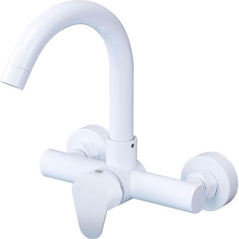 Robinet mural de lavabo, inox 304, blanc, eau chaude/froide (1/5)