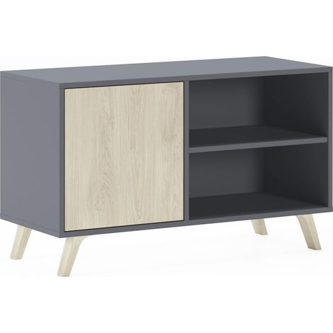 Skraut Home - Mueble TV 100 con puerta izquierda, salón comedor, Modelo WIND, color estructura Gris Antracita, color puerta Roble, medidas 95x40x57cm de altura. (1/5)
