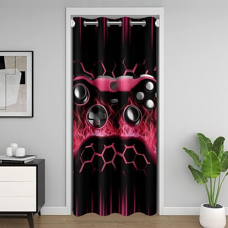 Rideau de Porte Console de Jeu Rideau Occultant Enfants Adolescents Adultes Rose Poignée de Jeu Rideaux Porte 132x203 3D Gaming Géométrique Rideaux de Placard Néon Peigne D'Miel pour Chambre - 132L X (1/5)