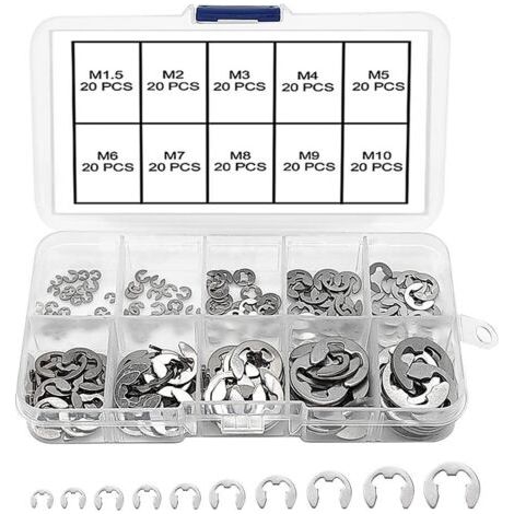 200 Pièces Bague de Retenue Eexterne Snap Kit, En Acier Inoxydable E-Clip Anneau de Retenue Externe Snap Kit, 10 Tailles M1.5/2/3/4/5/6/7/8/9/10 avec Boîte en Plastique (1/5)