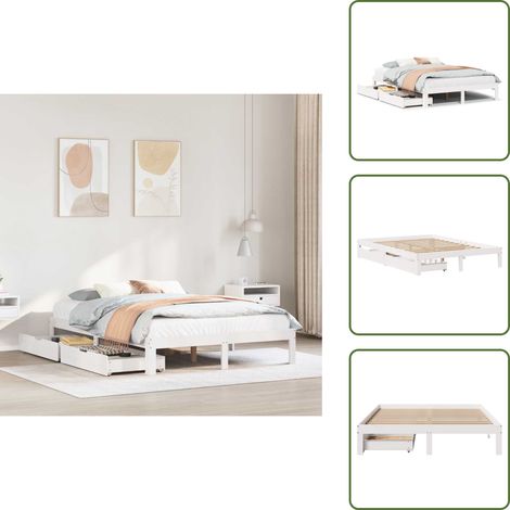 The Living Store Giroletto con Cassetti Bianco 120x200 cm Legno Massello di Pino - Letto con cassetti