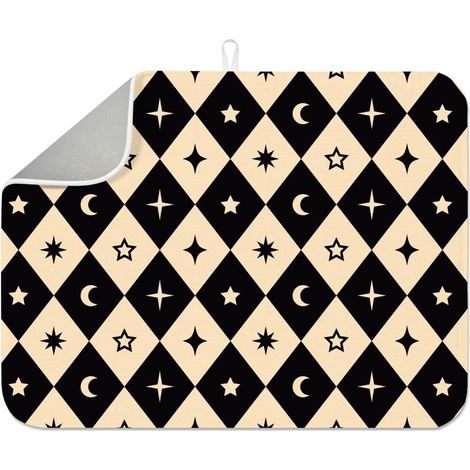Tapis absorbant à carreaux en forme de lune étoilée 45 x 60 cm – Tapis de séchage pour vaisselle, étoile, lune céleste, noir et beige, tapis de table gothique céleste pour table, comptoir (1/5)