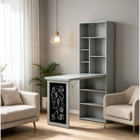 Klappschreibtisch 98x51x153 cm, mit 9 Fächern, verstellbarem Regal und Tafel, MDF und Kiefernholz, Schwarz Dunkelgrau (1/5)
