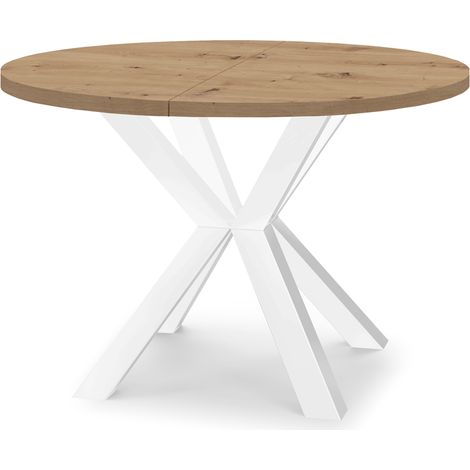 Table de salle à manger ronde extensible RAL avec pieds en bois, style loft, industriel, diamètre : 110 / 160 cm, Couleur :Artisan / Blanc (1/4)