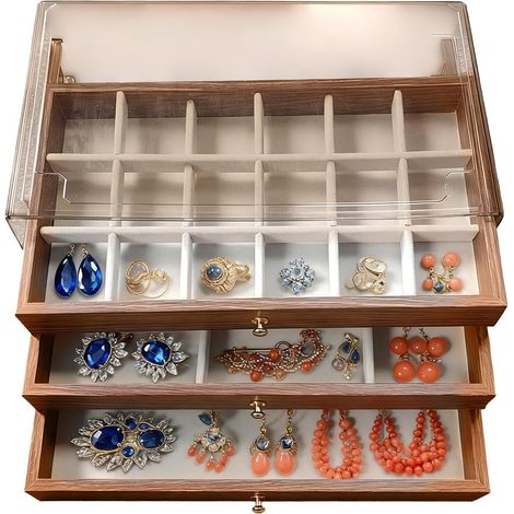 Coffret à bijoux - Organisateur en cuir , rangement multi-niveaux , boîte bois rustique Grand pour f