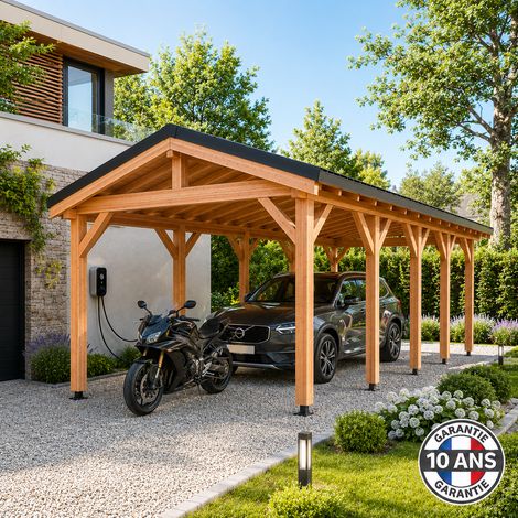 Carport bois 2 pentes en bois douglas 34 m², 10 poteaux. Abri voiture extérieur. Garantie 10 ans. (1/5)