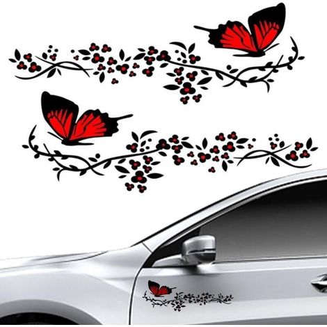 2 Pcs Autocollant Voiture, Stickers pour Voiture Avec Motif Papillons et Fleurs,Stickers Personnalisé pour Capot Couverture de Voiture,Moto,Planches à Roulettes,Valises,Murs(Rouge et Noir) (1/5)