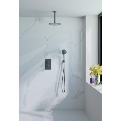 FugaFlow Eccelente Ensemble de douche de tête encastré Acces - thermostatique - bras de plafond - douche de tête 25cm - douchette ronde - flexible de