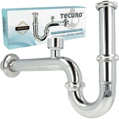 tecuro Röhrengeruchsverschluss Siphon mit Rohrbelüfter für Waschbecken, extra lang - Messing verchromt (1/5)