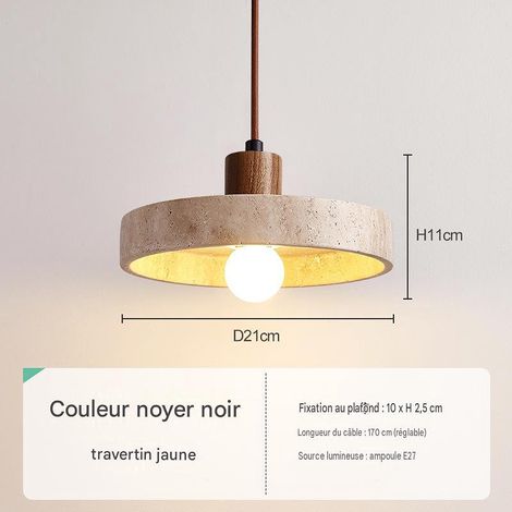 Suspension N noyer, pierre travertin, douille E27 220V, LED chaud