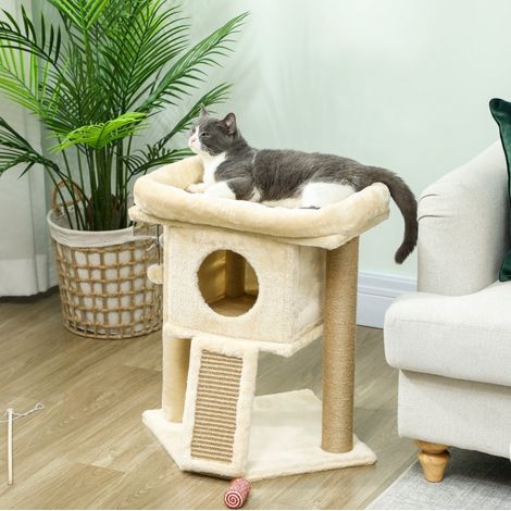 Tiragraffi in legno e peluche con juta beige, 1 piattaforma, per graffiare, riposare e giocare, 40 x 40 x 57 cm (1/5)