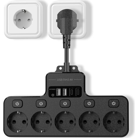 Prise Multiple Murale avec USB C, Multiprise 5 Prises Parafoudre et Surtension avec Interrupteur Individuel, Multi Prise Plate Murale, Bloc Multiprise pour Bureau de Cuisine (1/5)