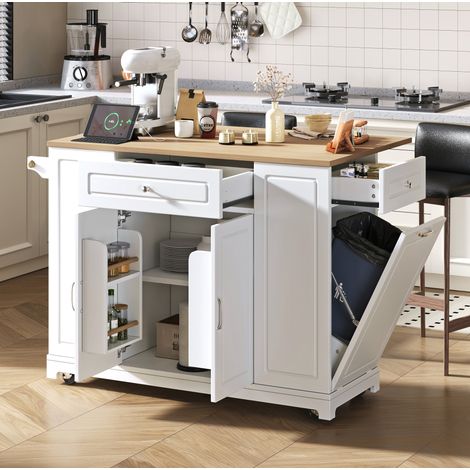 Kücheninsel 131.8x40-70x93.3 cm weiß und natur MDF mit Rollen, klappbarer Arbeitsplatte und Steckdosen (1/5)