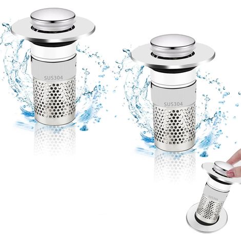 Sollbry 2 PCS Filtre De Drainage De Sol en Acier Inoxydable, Filtre Lavabo Pop Up, Bouchon de Crépine avec Filtre à Cheveux, Pop Up Bouchon de Vidage Universel, pour Lavabo Cuisine Bain (1/5)