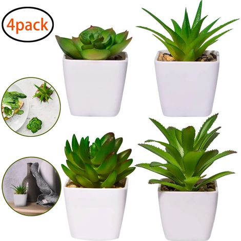 4 plantes artificielles extérieur, succulentes simulées en pot pour salle de bain, déco table intérieur, balcon, bureau, lot de 4 faux cactus verts, résistants UV. (1/5)