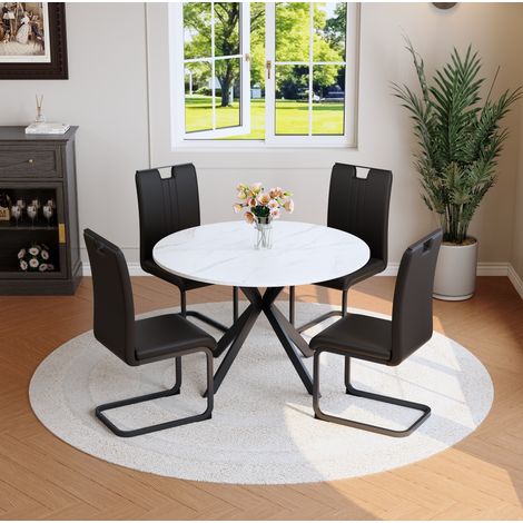 Ensemble repas 3 pièces : table ronde effet marbre blanc, 2 chaises noires PU, métal (1/5)