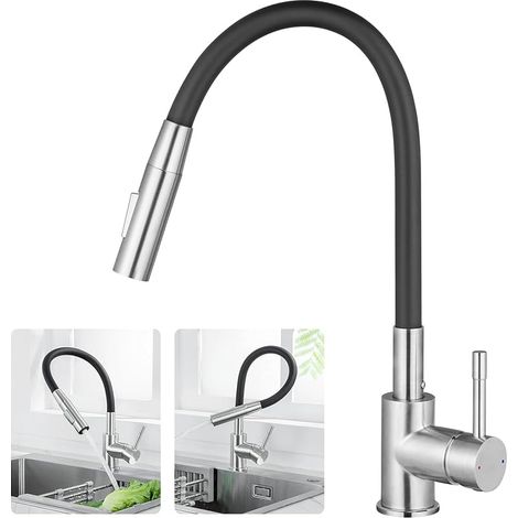 Robinet de Cuisine Flexible Brossé Noir, Mitigeur Cuisine Rotation 360° avec 2 Types de Jet, Mitigeur Monotrou Haute Pression Anti-éclaboussures, 2 Flexibles G3/8 (1/5)