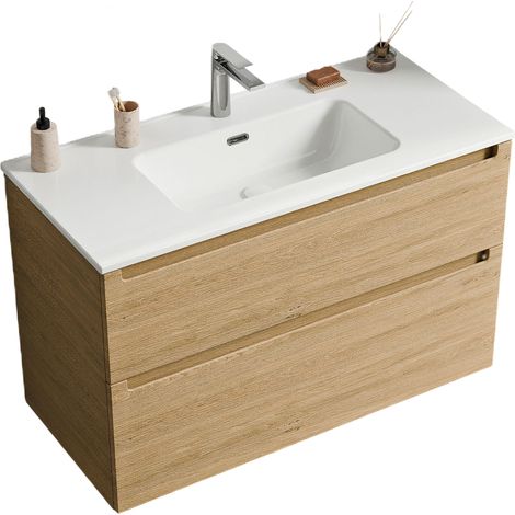 Waschtischunterschrank Bernstein VIREO 80 cm mit Waschbecken Weiß - Badmöbelfarbe Eiche Honiggold (1/5)