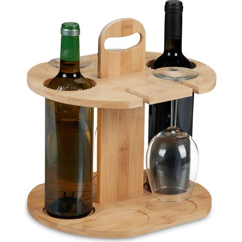Support pour vin, Bambou, 2 Bouteilles et 4 Verres, HxLxP: 30,5x30x25 cm, idée Cadeau pour œnophiles, Nature (1/5)
