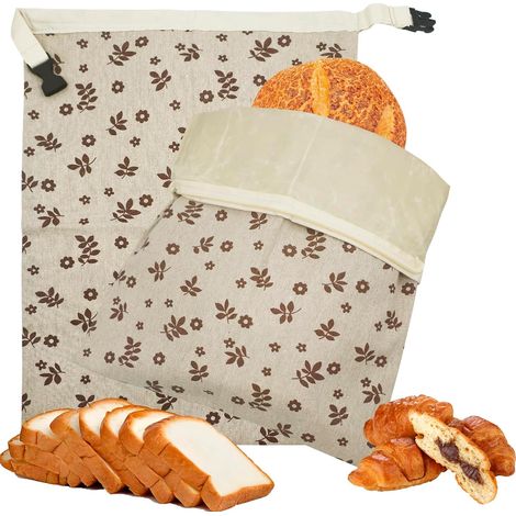 Confezione da 2 sacchetti per il pane riutilizzabili in cera d'api e lino, sacchetti per alimenti senza plastica, a prova di umidità, con chiusura a zip (foglia marrone) (1/5)