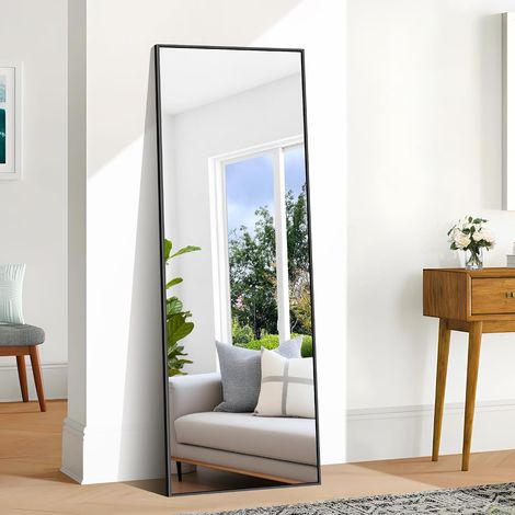 Miroir sur Pied 161 x 52 cm, Miroir Pleine Longueur avec Cadre en Aluminium Noir, Grand Miroir Mural Rectangulaire Penché ou Suspendu pour Chambre à Dressing, Salon, Couloir (1/5)
