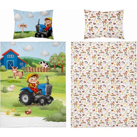 Bambus-Babybettwäsche 90x120 cm, Traktor-Motiv, Blau (1/4)