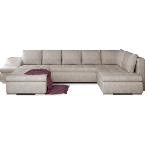 Canapé panoramique convertible JONAZ tissu - Rangement integré A gauche-Beige vintage-Méridienne A gauche (1/5)