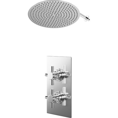 Cross Polished Chrome Concealed Twin Thermostatic Shower Valve and 400mm Thin Round Fixed Head with Wall Arm - 1 Outlet (1/5)