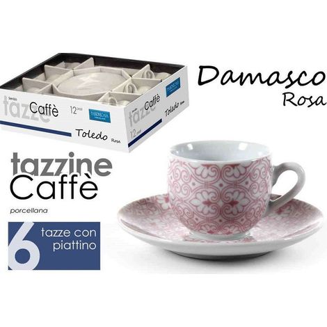 Kaela - Set 6 Pz Tazzine Caffè + 6 Piattini Tazzina Classico Moderno Damasco Rosa 720390 - (1/2)