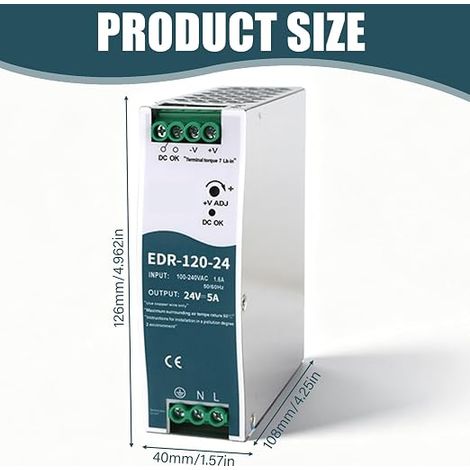 24V 120W 5A DIN Rail Power Supply, 100-240V to 24V Transformer, Switching Power Supply for Industrial Automation, Surge Protection and Short Circuit Protection (1/4)