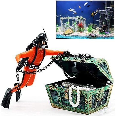 Décoration d'aquarium - YYV - Coffre au trésor plongeur - Orange - Résine - Pour eau douce et salée (1/4)